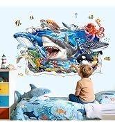 decalmile 3D Ocean Animals Break Through Wall Stickers Sea Animals Shark Turtle Whale Tropical Fi...