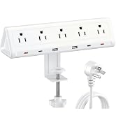 10 FT Desk Clamp Power Strip with 5 AC Outlets & 6 USB Ports PD 40W USB-C Fast Charging, 1250J Su...