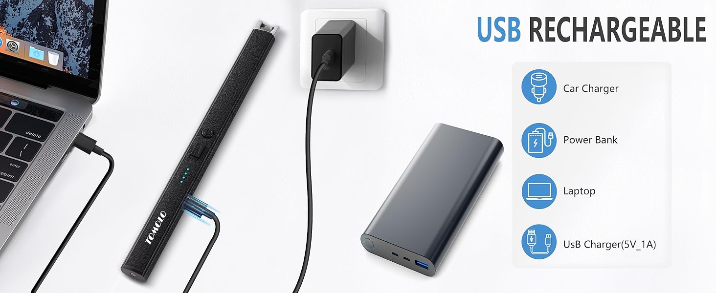 USB rechargeable lighter charging via power bank, laptop, car charger, or adapter.