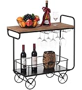 Vintiquewise Metal Wine Bar Serving Cart with Rolling Wheels, Glass Holder, and Wine Rack