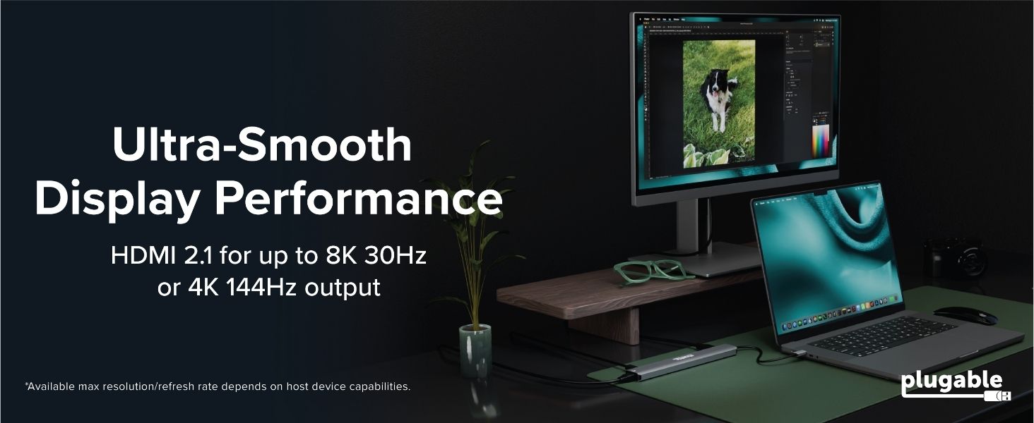 Thunderbolt hub with monitor and laptop, text "Stunning 8K Display" and "HDMI 2.1"