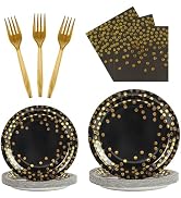 96PCS Black and Gold Plates and Napkins Party Supplies, Gold Dot Disposable Paper Plates and Napk...