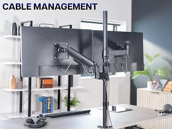 dual monitor stand vertical stack desk mount gas spring arm tall pole vesa bracket riser black