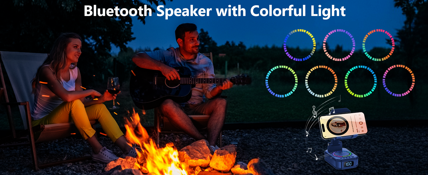 Text reads 'Bluetooth Speaker with Colorful Light'. Nighttime outdoor scene showing people around campfire, with circular icons displaying different color options for lighting.