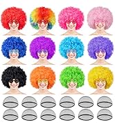 PLULON 12 Pack Colored Afro Wig with Heart Sunglasses and Hair Caps for Women Men Funny Curly Afr...