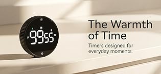 Text reads: 'The Warmth of Time' and 'Timers designed for everyday moments.' Digital timer display showing numbers against warm, sepia-toned background.