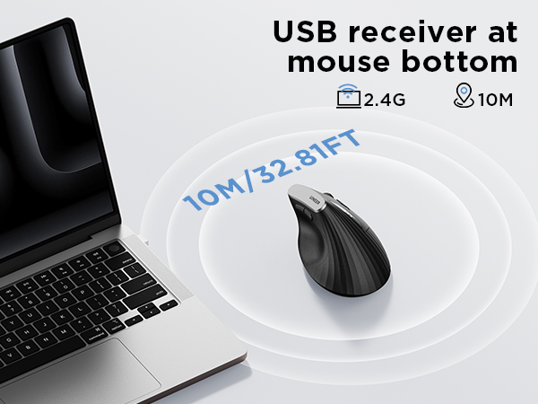 Text reads 'USB receiver at mouse bottom'. Diagram showing wireless mouse connectivity with laptop, illustrating USB receiver location and wireless range.