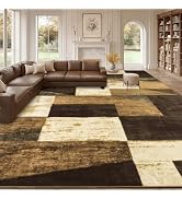 Modern Geometric Patchwork Rugs for Living Room, Soft Large 9x12 Area Rug | Chocolate and Green R...