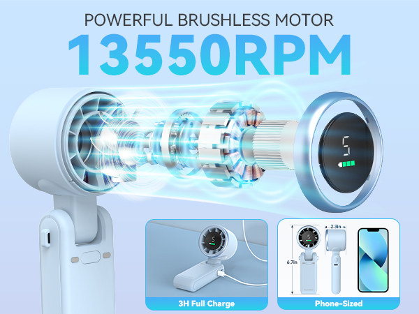 Powerful small fan brushless motor phone sized portable fan for travel compact blue travel fans