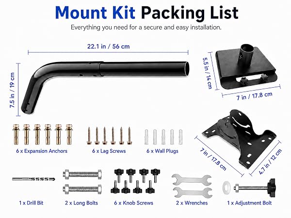 Complete hardware Starlink mount kit, includes screws, wrench, drill bit, adapter, base and pole