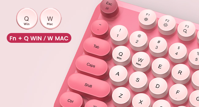 Close-up of a pink round-key keyboard showing Fn+Q/W switching for Windows and Mac modes.