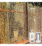 echosari 300 LED Curtain Lights Battery Operated, 9.8ft×9.8ft Hanging Light with Remote Timer Fai...