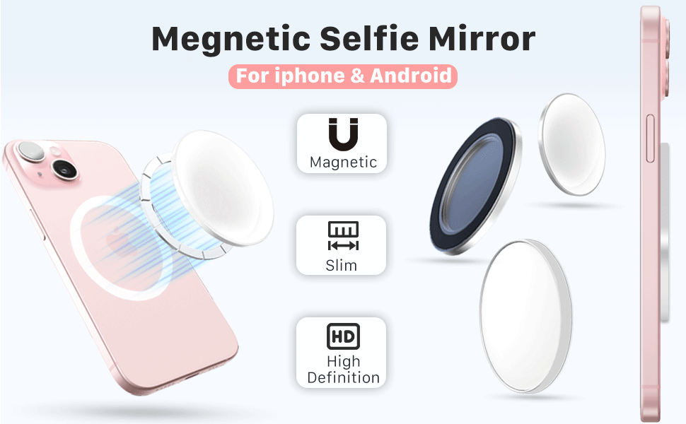 Megnetic Selfie Mirror - For iPhone and Android. Strong magnetic attachment, slim design