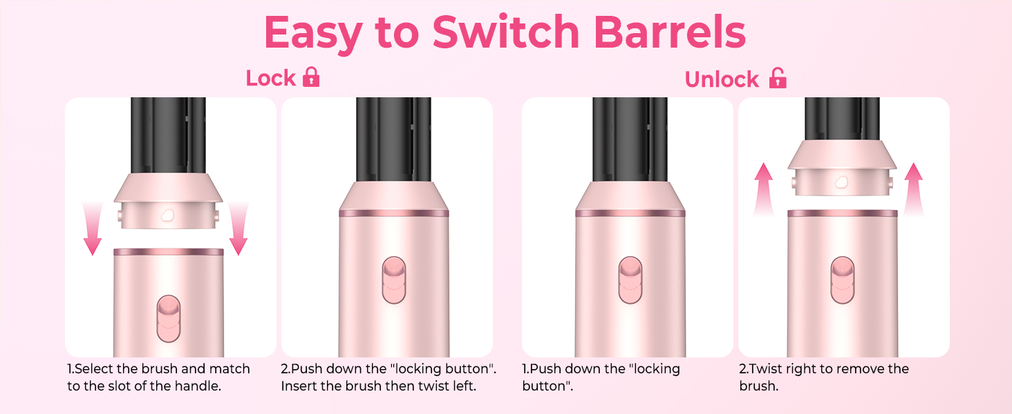 Text reads 'Easy to Switch Barrels'. Sequence of pink bottle components showing step-by-step assembly process of interchangeable containers.