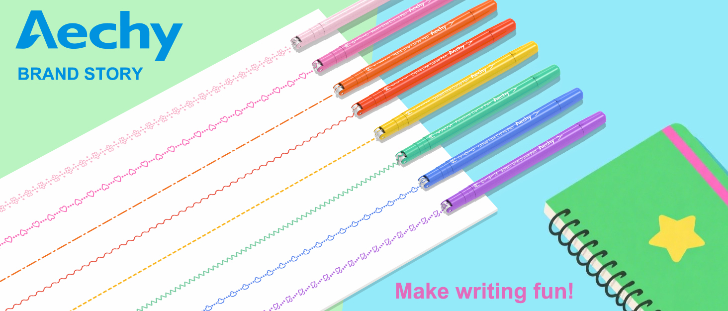 Set of colorful gel pens arranged in rainbow order on light blue background with Aechy brand logo and spiral notebook corner visible.