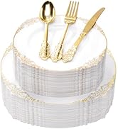 Goodluck 250 PCS Vintage White & Gold Rim Plastic Plates with Cutlery Set - Serves 50 - Heavy Dut...