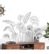 Black and White Tropical Plants Wall Decals Sketch Palm Leaves Wall Stickers Simple Line Monstera...