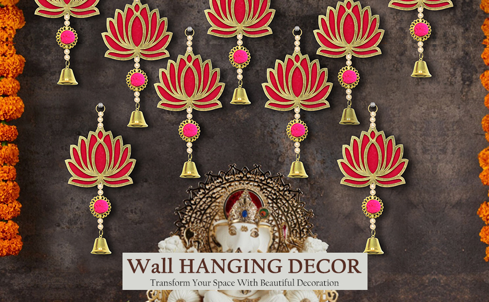 Decorative wall hanging featuring stylized red lotus flowers with gold accents. Multiple flowers connected by strings with small bells, creating a festive appearance.