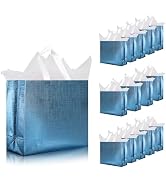 cabzymx 16 Pcs Glossy Blue Reusable Gift Bags, Metallic Bling Design Holiday Gift Bags with Handl...