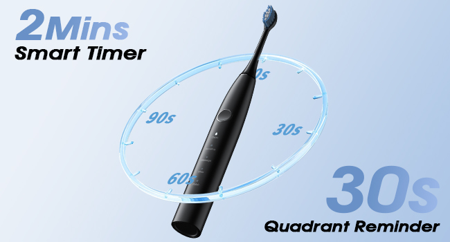 Text reads '2Mins', 'Smart Timer', '30s', 'Quadrant Reminder'. Black electric toothbrush with circular timer display showing 30-second intervals and quadrant reminder feature on light blue background.