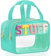 TESAFNG Chenille Letter Travel Makeup Bag, Preppy Patch Nylon Clear Cosmetic Tote with Handle and...