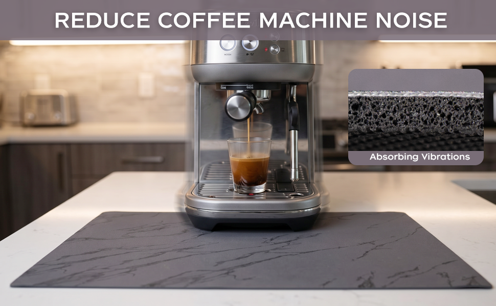 Black marble coffee mat absorbs vibrations and reduces espresso machine noise.