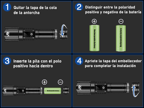 Four-step battery installation instruction diagram for a flashlight, showing proper polarity alignment and assembly sequence in Spanish text.