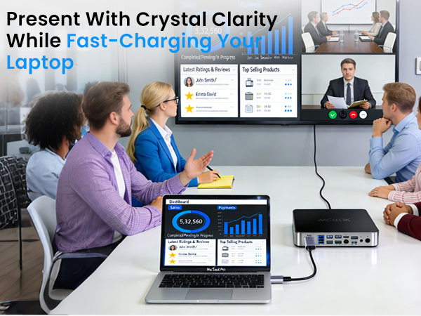 Professional team meeting using SOLLPEL cable to present in 8K from laptop to large screen