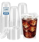 LIKAJON 100 Clear Plastic Cups with Strawless Sip Lids, 16 oz Disposable Iced Coffee Cups with Li...