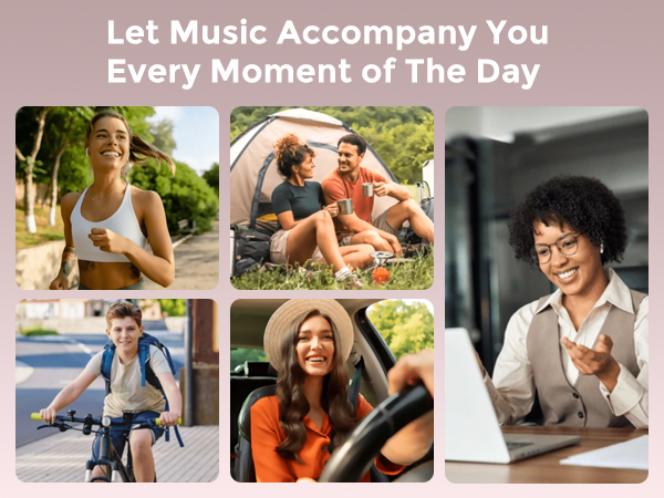 Text reads 'Let Music Accompany You Every Moment of The Day'. Lifestyle images showing people enjoying activities while wearing audio devices.