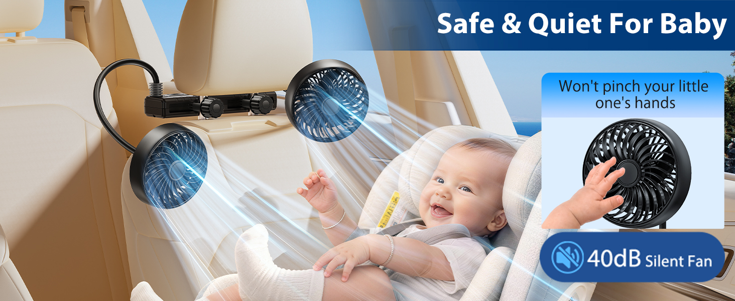 xuenair small car fan rechargeable features narrow, safe gaps for baby’s fingers