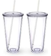 Zukro Clear Acrylic Tumbler with Straw and Lid 32 oz, Double Walled Insulated Reusable Plastic Ic...