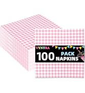 Vyntra Pink and White Gingham Disposable Paper Napkins, 100 Count Checkered Party Tableware for B...