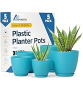 Blue Plant Pots with Drainage Holes & Saucers 5 Pack, Indoor & Outdoor Stackable Space-Saving Pla...