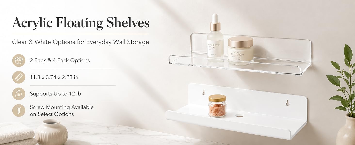 Acrylic floating shelves in clear and white options for everyday wall storage
