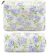 Quilted Cotton Cosmetic Bag 2Pcs Coquette Makeup Bag Travel Makeup Bag for Women Large Makeup Pou...