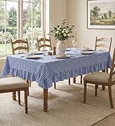 Romanstile Gingham Ruffled Tablecloth Rectangle - Waterproof Linen Cotton Checkered Table Cloth, ...