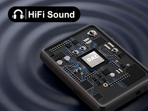Portable audio device with touchscreen display showing HiFi Sound interface. Device has multiple ports and buttons visible on its surface.