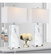 Touch Control Table Lamps Set of 2, Modern Ceramic Bedside Lamp with 2 USB Ports 1 AC Outlet, 3-W...