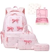Similove Backpack for Girls, Corduroy 4PCS Bow Girls Backpack with Bento Lunch Box, Insulated Bag...