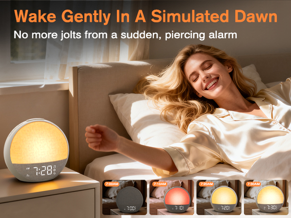 young woman wake up to sunlight with smile on face in the morning