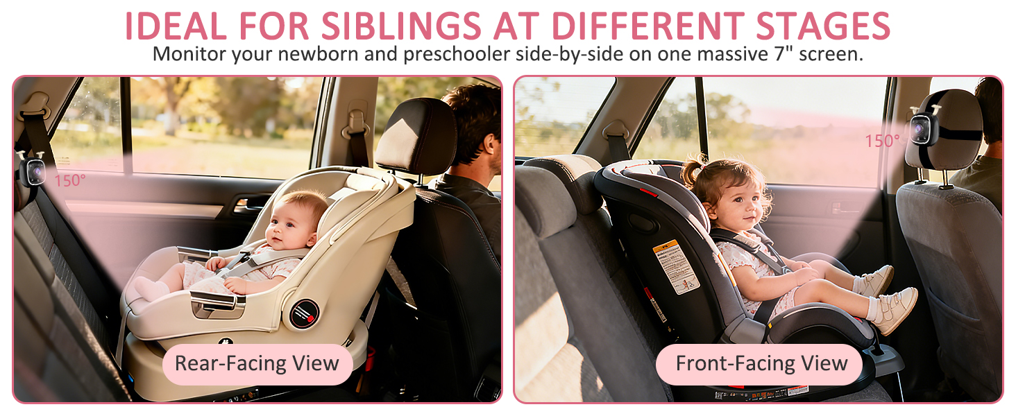 360° Rotation & 150° Wide View Rear Facing Baby Car Backseat Monitor Fits Cars/SUVs/Trucks