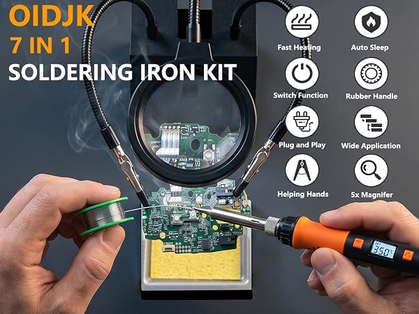 Text reads 'OIDJK 7 IN 1 SOLDERING IRON KIT'. Product photograph showing hands using orange and black soldering iron on circuit board with component icons displaying features including temperature control and multiple tools.