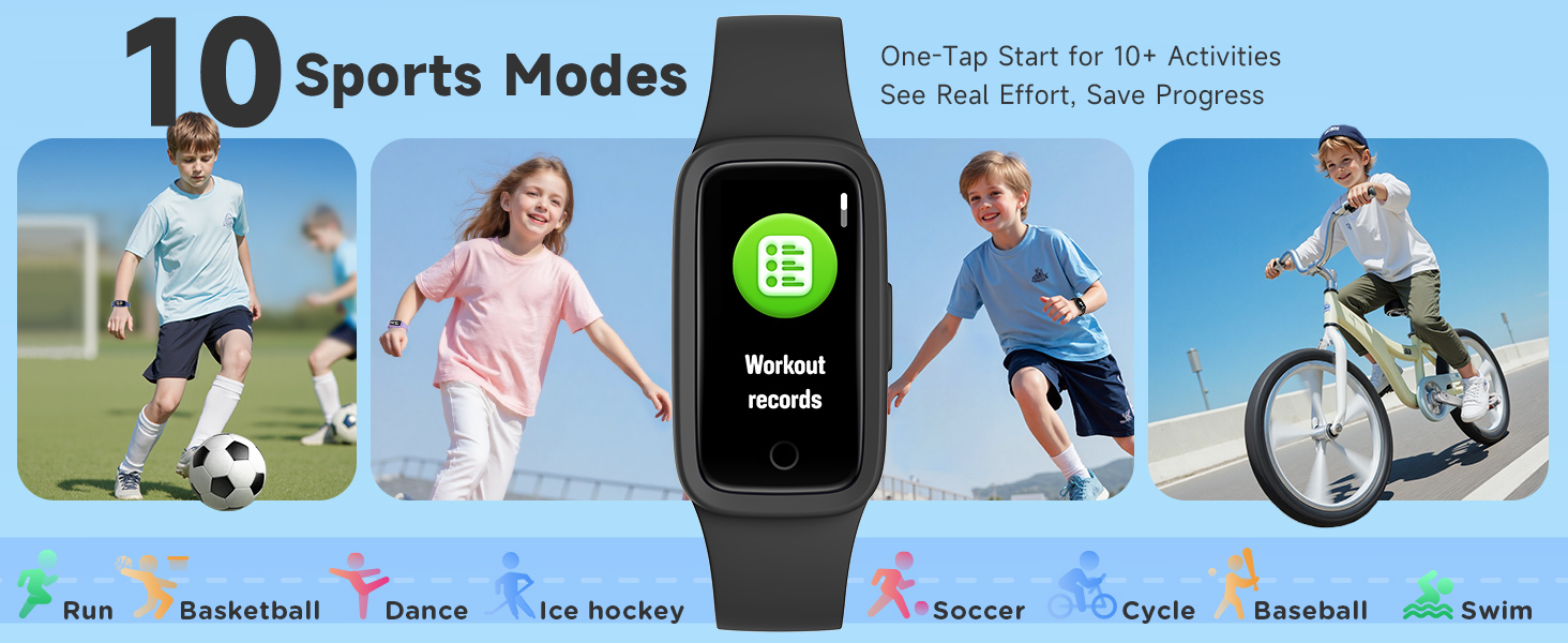 Text reads '10 Sports Modes'. Horizontal banner showing various sports activities including biking, basketball, running, soccer, swimming, and dance with cartoon icons and activity photos.