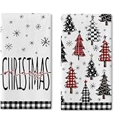 Croar Merry Christmas Tree Kitchen Dish Towels Set of 2, Xmas Pine Trees Snowflake Buffalo Plaid ...