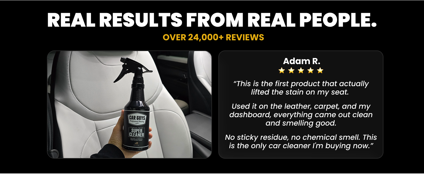 Hand holding the product bottle beside a positive verified customer review for car interiors