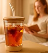 Zukro 13oz/400ml Glass Iced Coffee Cup with Bamboo Lid and Straw, Rubber Base, Reusable Thick Wal...