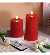 Girimax Red Ribbed Flameless Pillar Candles with Remote, Flickering LED Wax Candles Battery Opera...