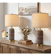 OYEARS 22.5" Bedside Table Lamps Set of 2, Farmhouse Table Lamp with USB A+C Charging Ports, Vint...