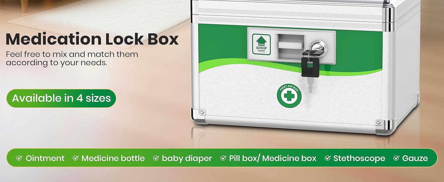 medicine lock box, medication lock box, locked medicine box, lock box with key, pill lock box